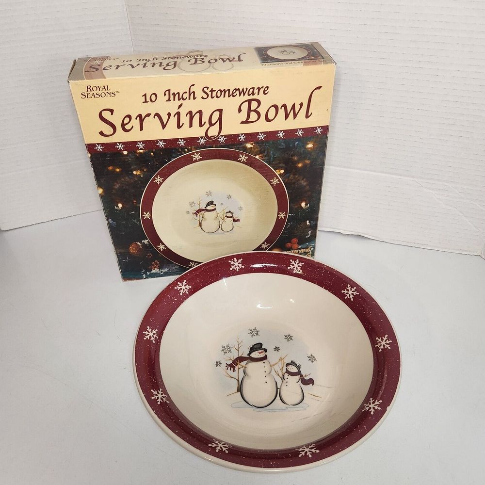 Royal Seasons Christmas Serving Bowl 10 Inch Stoneware Snowmen - New In Box